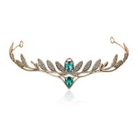 CoTeeZa Vintage Fairy Leaf Circlet- Medieval Green Rhinestone Crown Viking Celtic Headwear for Women Men, Elven Elf Renaissance Halloween Cosplay Prom Festival Hair Accessoriecs