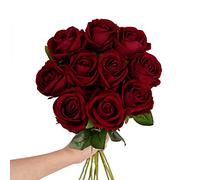 Cotemdery Artificial Velvet Roses Silk Burgandy Rose Fake Red Flowers with Stem Floral Gift for Wedding Arrangement Party Home Decor