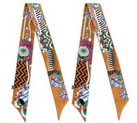 COtheSumay 100% Mulberry Silk Scarf for Handbags,Bags, and Purses,1/2 Pcs Hair Ribbon Skinny Neck Scarves for Women Gift, Parasol Duel Camel, 2"x35.5" (90cmX5cm)
