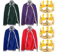 Cotiny 4 Pcs Kids King Costume Set King Cape Queen Robe Red Blue Cloak Crown Costume for Children Halloween Kings Prince Cosplay Birthday Party Dress Up (Red, Blue, Purple, Green)