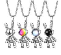 COTOFIHILO Astronaut Bunny Pendant Necklace for Women, Stainless Steel Space Rabbit Necklace with Colorful Crystal, Stylish Jewelry Gift for Birthday, Valentine’s Day, 70CM, Titanium Steel, Moonstone