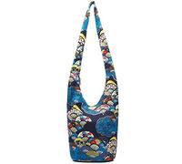 Coton Pose Women Hand Fashion canvas Hippie Crossbody Bags Cotton Bohemian Animal Prints Hobo Bags (Blue fan)