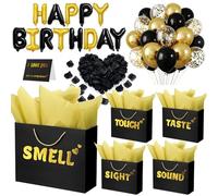 COTOPHER 5 Senses Gift Bags,12.6x9.8x4.6 Inch Five Senses Birthday Party Decorations with Tissue Paper, Rose Petals and Happy Birthday Banner Balloons Five Senses Gift for Him Husband(Black Gold)