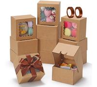 COTOPHER Auto Pop Up Cookie Box with Window 4x4x2.5 Inches - 50 Pack Brown Bakery Boxes with Ribbon for Birthday Party Favors, Wedding, Christmas Gift Packaging for Cookies, Candy, Macarons