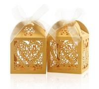 COTOPHER Laser Cut Boxes, 100pcs Thank You Gift Boxes Wedding Party Favor Boxes Lace Candy Boxes for Wedding Bridal Shower Baby Shower Birthday Party Decorations with Ribbons (2x2x2.75inch, Gold, 100)