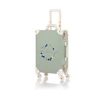 COTRUNKAGE Zipperless Hand Luggage Suitcase, Vintage Carry On Luggage with Spinner Wheels, Green Embroidery, Checked 24 Inch