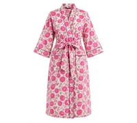 COTSILER Cotton Block Print Kimono Robe for Women Long Bathrobe with Belt & Pockets For Summer Lightweight Nightwear,Cover-Up, Hot Pink Poppy Floral 32, One Size