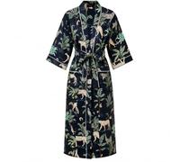 COTSILER Cotton Block Print Kimono Robe for Women Long Bathrobe with Belt & Pockets For Summer Lightweight Nightwear,Cover-Up, Navy Tropical Safari Print 53, One Size