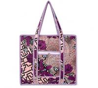 COTSILER Handmade Quilted Cotton Tote Bag Large Reusable Shoulder Bag Front Zipper Pocket,Lightweight, Blush Pink Abstract Floral Wave Print 7, L, Casual Tote With Decorative Patterns Including