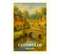 Cotswolds England Vintage Travel Art Print, Stone Bridge and Cottages Wall Poster, Traditional English Village Scene. Size A4