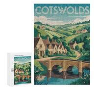 Cotswolds Landscape Illustration Decorative Wooden Puzzle, 300 PCS - Year-End Present, for Screen-Free Relaxation at Home