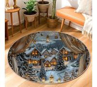 Cottage Area Rug, Winter Cozy Pine Tree Lantern Christmas White Low Pile Doormat Home Accents Rug Fade Resistant Bathroom Laundry Room Kitchen Entryway Decor 3' X 3'