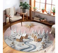Cottage Area Rug, Winter Festive Pine Tree River Christmas White Low Pile Soft Round Carpet Stain Resistant Rugs for Living Room Bedroom Hallway Desk Office Decor 5' X 5'