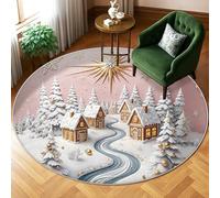 Cottage Area Rug, Winter Festive Pine Tree River Christmas White Non-Slip Backing Carpets Fade Resistant Home Aesthetic Rugs for Living Room Bedroom Hallway Office Decor 6' X 6'