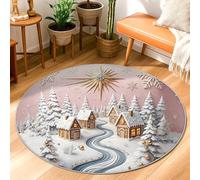Cottage Area Rug, Winter Festive Pine Tree River Christmas White Non-Slip Backing Edge Binding Doormat Throw Rug Circle Laundry Room Bathroom Doorway Entryway Decor 3' X 3'