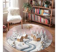 Cottage Area Rug, Winter Festive Pine Tree River Christmas White Non-Slip Backing Indoor Doormat Round Throw Rug Non Shedding Bathroom Doorway Entryway Bedside Decor 4' X 4'