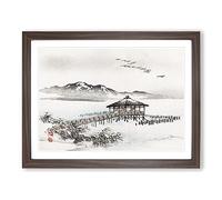 Cottage By The Sea By Kono Bairei Asian Japanese Framed Print | A2 Walnut Framed Wall Art | Ready to Hang | Cottage Nautical Picture | Living Room Bedroom Lounge Office