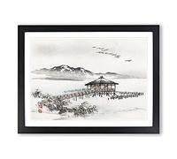 Cottage By The Sea By Kono Bairei Asian Japanese Framed Print | A3 Black Framed Wall Art | Ready to Hang | Cottage Nautical Picture | Living Room Bedroom Lounge Office