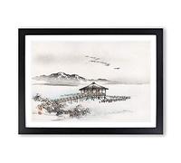 Cottage by The Sea by Kono Bairei Framed Print | A2 Black Framed Wall Art | Ready to Hang | Cottage Nautical Picture | Living Room Bedroom Lounge Office