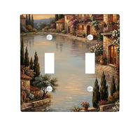 Cottage Double Light Switch Cover Plate, Rustic Mediterranean River Flowers Summer Warm Beige Plastic Standard Size Wall Switch Plates Accents for Home Living Room New Apartment Decor