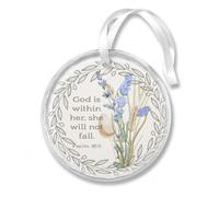 Cottage Garden God is Within Her Crystal Ornament, 3.5 Inch Round Ornament with Psalm 46:5 Scripture & Blue Wildflower Design, Christian Faith Gift for Women