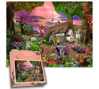 Cottage Garden Rainbow 1000-Piece Jigsaw Puzzle - Colourful Countryside Scene with Thatched Cottage, Summer Evening Landscape for Adults