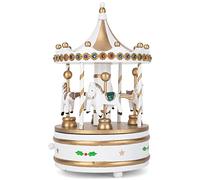 Cottage Garden Rotating Carousel White 9 inch Wood Musical Christmas Figurine Plays Jingle Bells