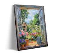Cottage Garden Window View Wall Art, Country Flower Landscape Canvas Print, Rustic Farmhouse Poster, Nature Floral Artwork for Living Room or Bedroom 30x40cm Frame