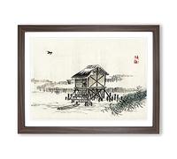 Cottage In The River By Kono Bairei Asian Japanese Framed Print | A2 Walnut Framed Wall Art | Ready to Hang | Cottage Landscape Picture | Living Room Bedroom Lounge Office
