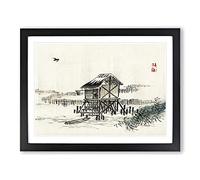 Cottage In The River By Kono Bairei Asian Japanese Framed Print | A3 Black Framed Wall Art | Ready to Hang | Cottage Landscape Picture | Living Room Bedroom Lounge Office