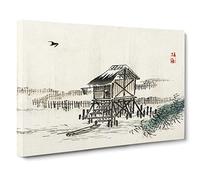 Cottage In The River By Kono Bairei Canvas Print | Gallery Wrapped 30mm Frame Wall Art | 20x14 inches | Ready to Hang | Asian Landscape Picture | Living Room Bedroom Lounge Office