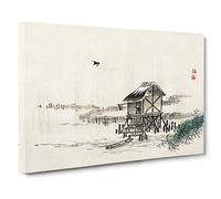 Cottage in the River by Kono Bairei Canvas Print | Gallery Wrapped 30mm Frame Wall Art | 30x20 inches | Ready to Hang | Asian Landscape Picture | Living Room Bedroom Lounge Office