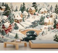 Cottage Murals Winter Snow Scene Art Deco Wallpaper Country Town Wallpaper Tree Bedroom Wall Paper for Bedroom Living Room Sofa TV Background Large Wall Mural Poster 350X256cm