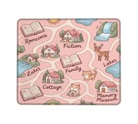 Cottage Small Mouse Pad, Fanciful Cozy Books Cat Spring Peach Square Rubber Non Slip Portable Cloth Mousepad Desk Decor for Office Home Dorm Laptop 8x10 Inch