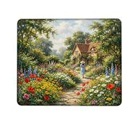 Cottage Small Mouse Pad, Landscape Romantic Flowers Pathway Spring Green Square Rubber Washable Aesthetic Mousepads for Desk Decor for Home Office Work Gaming Desk Square 8x10 Inch