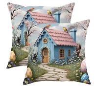 Cottage Throw Pillow Covers Set of 2, Spring Fanciful Bird Flower Easter Blue with Hidden Zipper Accents Pillows Cases for Living Room Apartment Bed Sofa Decor 26x26 Inch