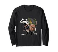 Cottagecore Badger with Flowers and Satchel Illustration Long Sleeve T-Shirt