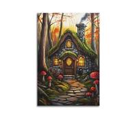Cottágecore Enchanted Forest Wall Art, Rustic Stone House Cabin Oil Painting with Path & Mushrooms Artwork Hanging Paintings Poster, Fairy Tale Decor for Living Room Entryway Home Spaces 24x36inch(60