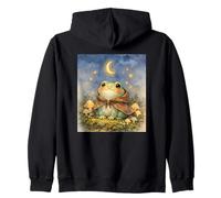 Cottagecore Frog Wizard in Cloak Magical Moon Stars Mushroom Zip Hoodie