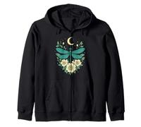 Cottagecore Goblincore Moonphases White Flowers Dragonfly Zip Hoodie