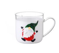 Cottea 12oz/350ml Hand Painted Glass Cups with Handle,Clear Glass Coffee Mugs,Tea Cup for Hot Beverages,Latte Glasses,1 Pack. (Green Hat Santa)