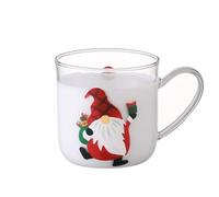 Cottea 12oz/350ml Hand Painted Glass Cups with Handle,Clear Glass Coffee Mugs,Tea Cup for Hot Beverages,Latte Glasses,1 Pack. (Red Hat Santa)