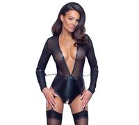 Cottelli Black Mesh & Wetlook Long Sleeve Body - Large - Black Black