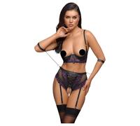 Cottelli Bondage - bra set and arm cuffs (black-purple) - M