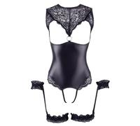 Cottelli Bondage - Shiny Open-Front Bodysuit & Cuffs (Black) - M