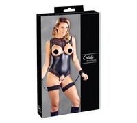 Cottelli Bondage - Shiny Open-Front Bodysuit & Cuffs (Black) - XL