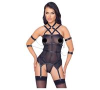 Cottelli Bondage - Strappy Top, Wrist Cuffs & Thong (Black) - L