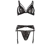 Cottelli Collection Lingerie 3 Pieces Garter Set with Open Cup/Open Crotch 100 g Black (Negro 001) 12 (Manufacturer Size: Large)