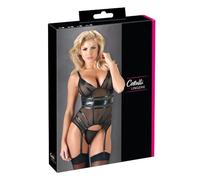 Cottelli Wet Look and Mesh Bustier and G-String Set - Medium - Black Black