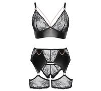 Cottelli Curves - Lace & Leather Accented Bra Set (Black) - 2XL